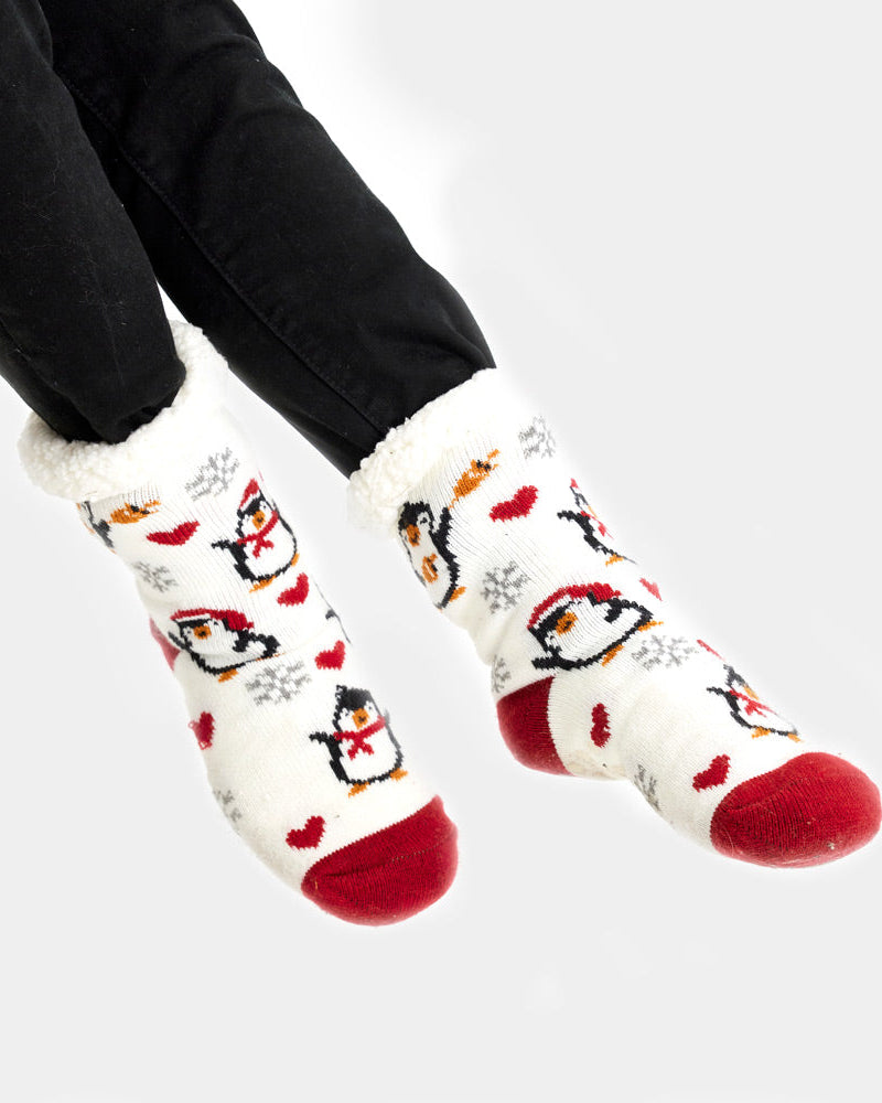Chaussons Chaussettes de Noël Blanches avec Pingouins et Cœurs Femme et Homme