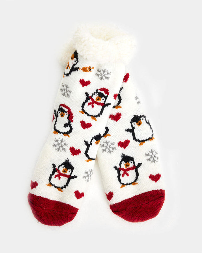 Chaussons Chaussettes de Noël Blanches avec Pingouins et Cœurs