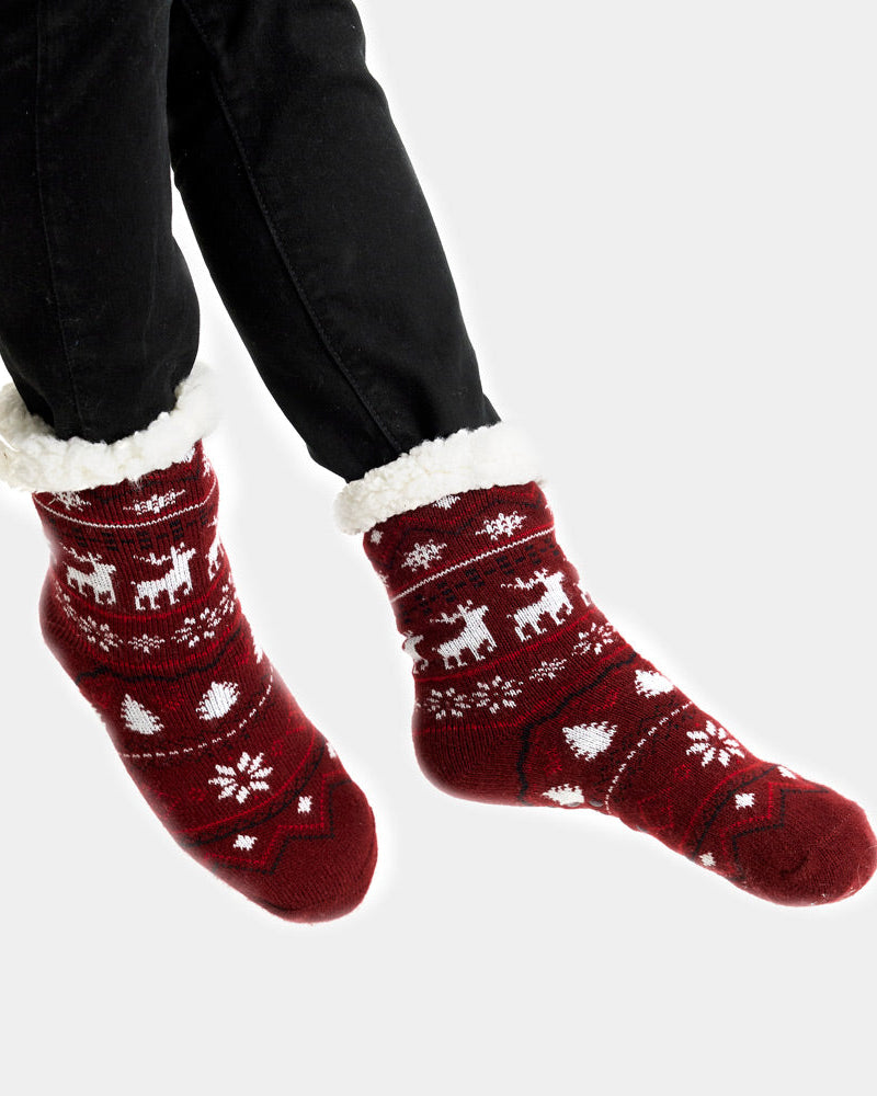 Chaussons Chaussettes de Noël Grenat avec Rennes Femme et Homme