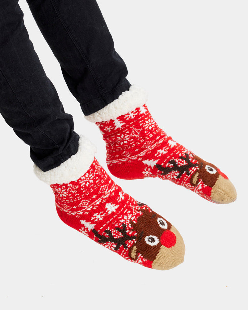 Chaussons Chaussettes de Noël rouges avec Sapins et Rennes Femme et Homme