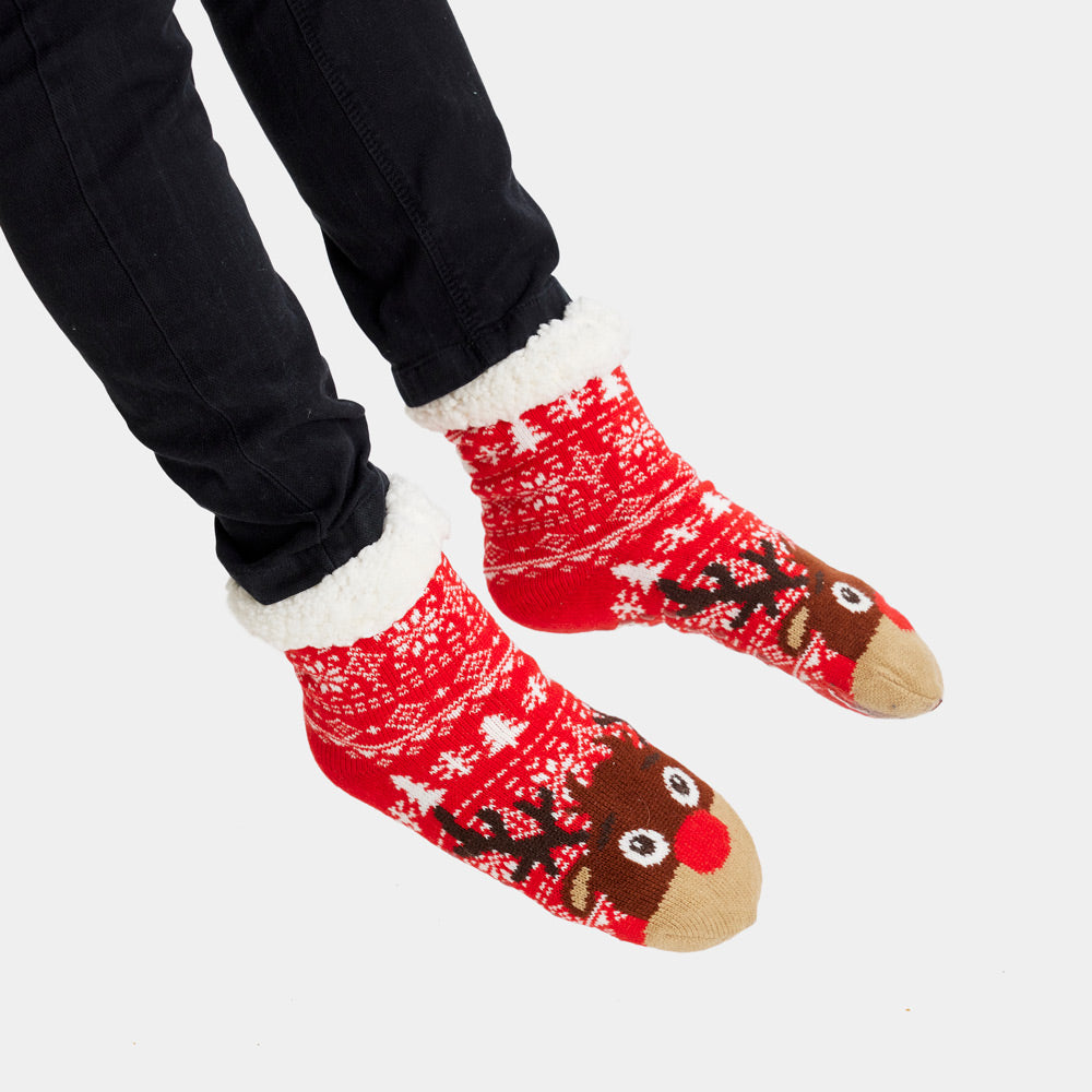Chaussons Chaussettes de Noël rouges avec Sapins et Rennes Femme et Homme