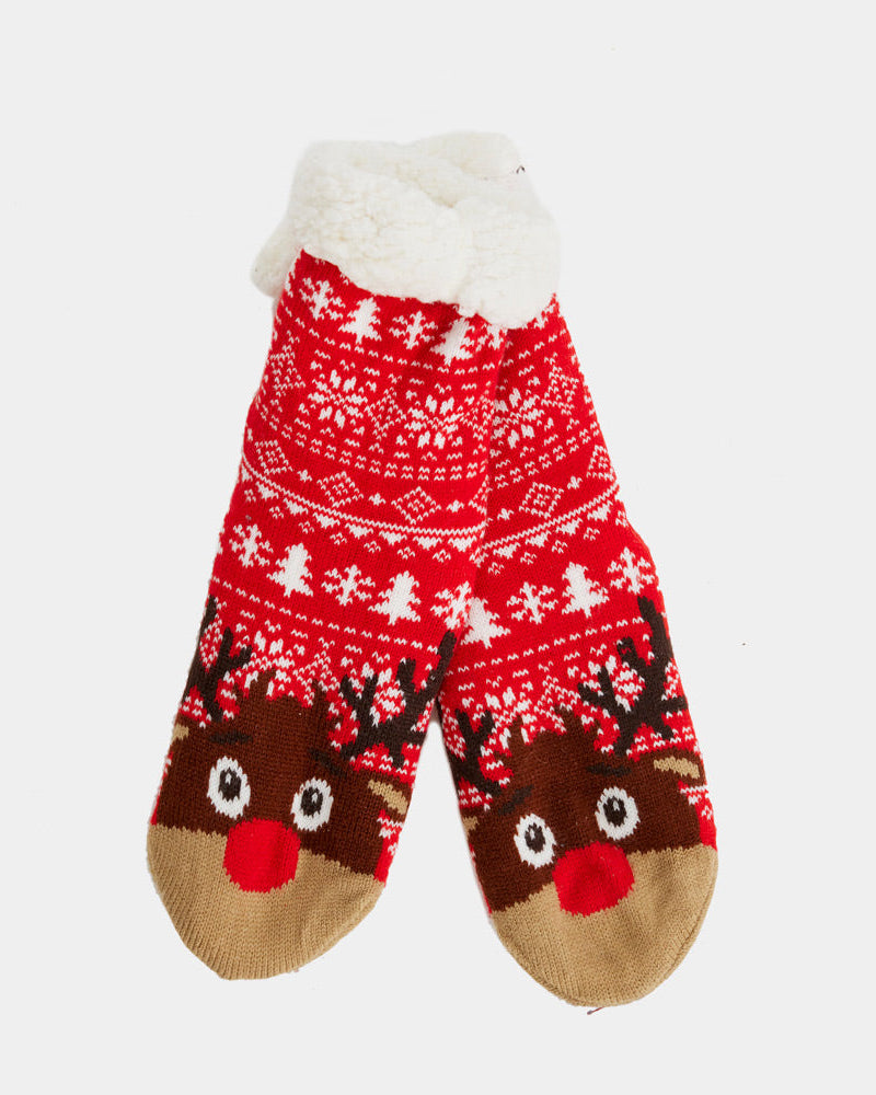 Chaussons Chaussettes de Noël rouges avec Sapins et Rennes