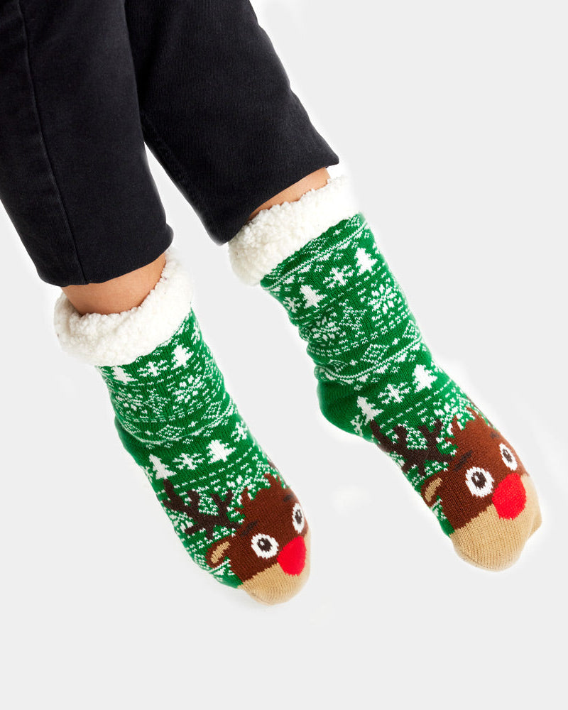 Chaussons Chaussettes de Noël Vertes avec Sapins et Renne Femme et Homme