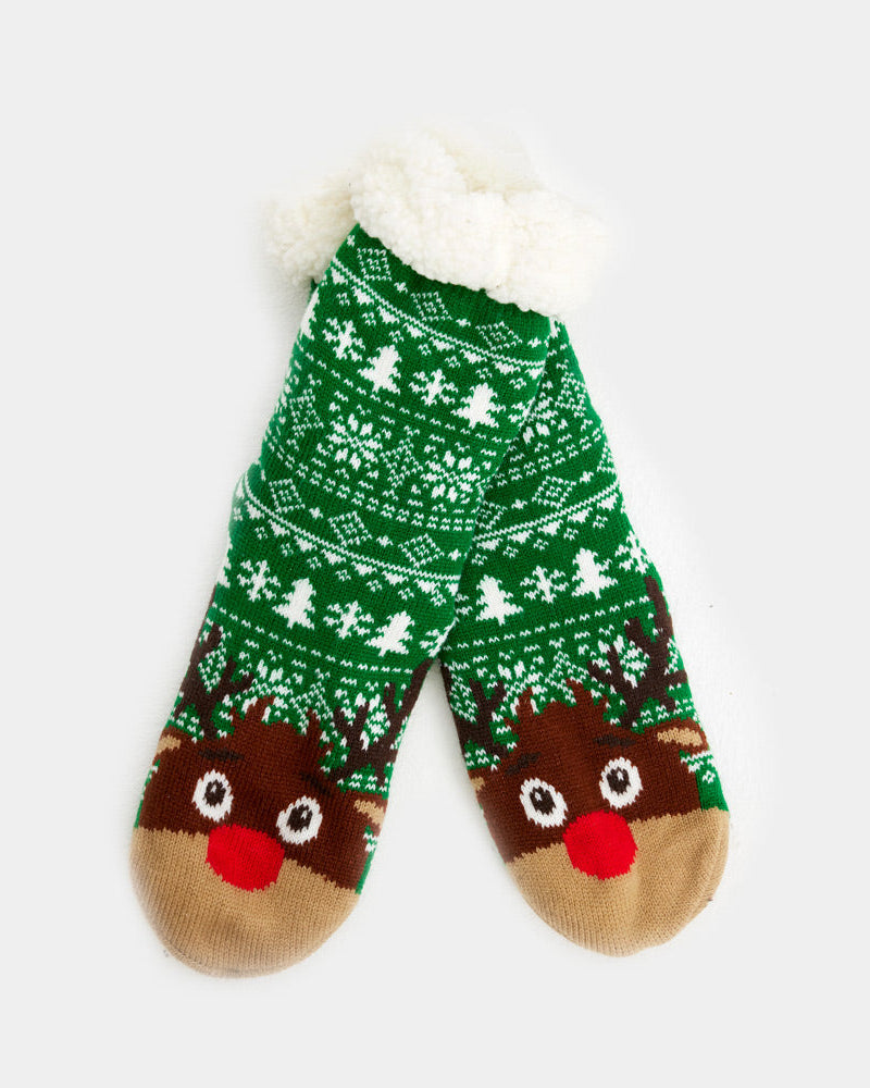 Chaussons Chaussettes de Noël Vertes avec Sapins et Renne