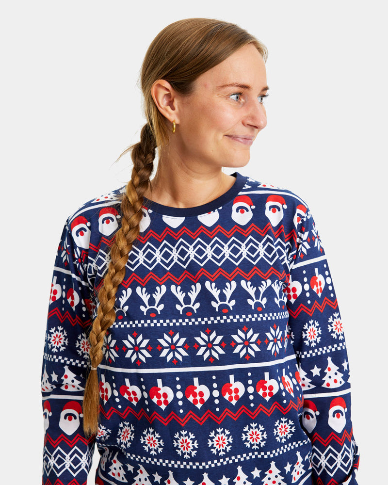 Pyjama de Noël pour Enfant Femme Bleu avec Père Noël, Sapins et Cœurs