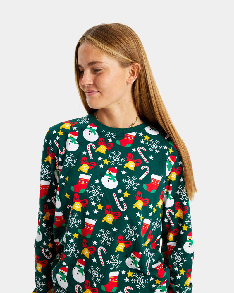 Pyjama de Noël Femme Enfant Vert avec Motifs de Noël