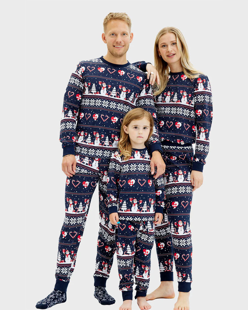 Pyjama de Noël pour Enfants Bleu avec Bonhommes de Neige et Cœurs homme