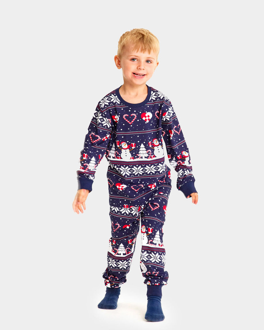 Pyjama de Noël pour Enfants Bleu avec Bonhommes de Neige et Cœurs