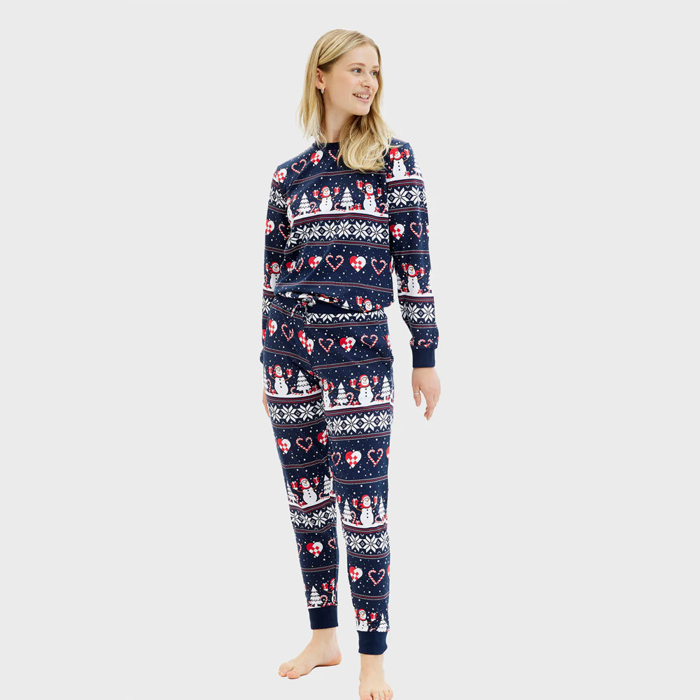 Pyjama de Noël Familial Bleu avec Bonhommes de Neige et Cœurs Femme