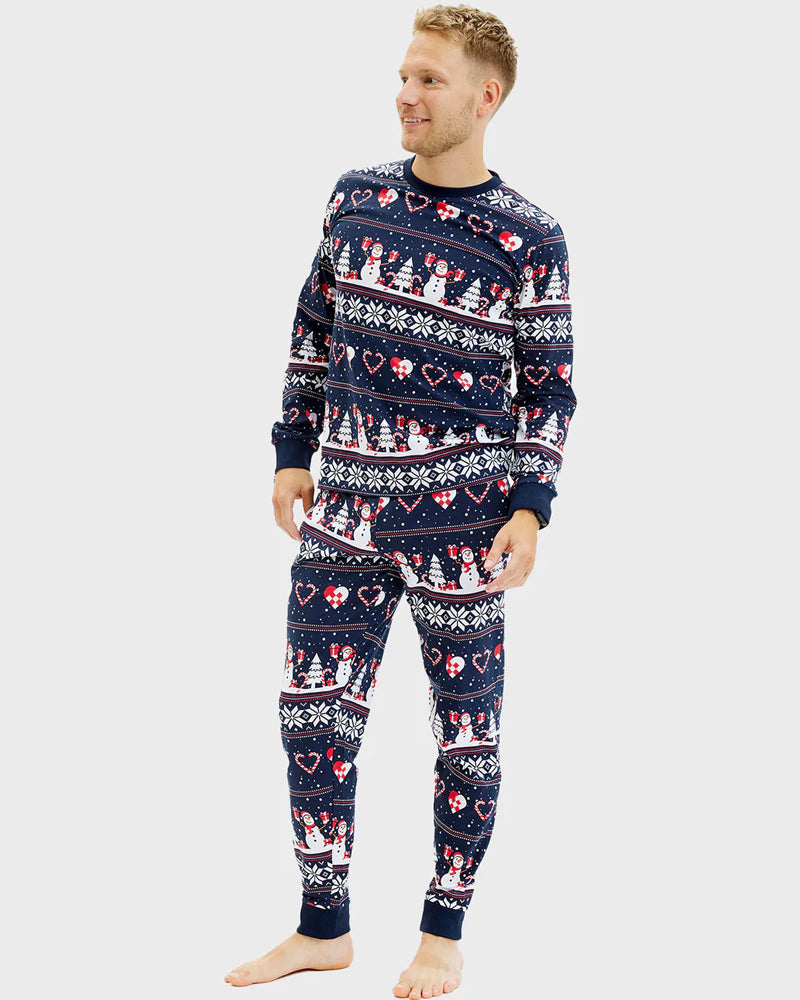 Pyjama de Noël Familial Bleu avec Bonhommes de Neige et Cœurs Homme