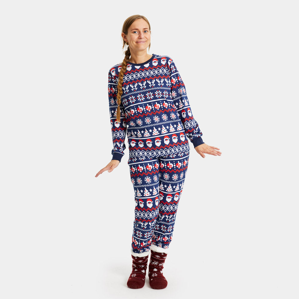 Pyjama de Noël Familial Bleu avec Père Noël, Sapins et Cœurs Femme