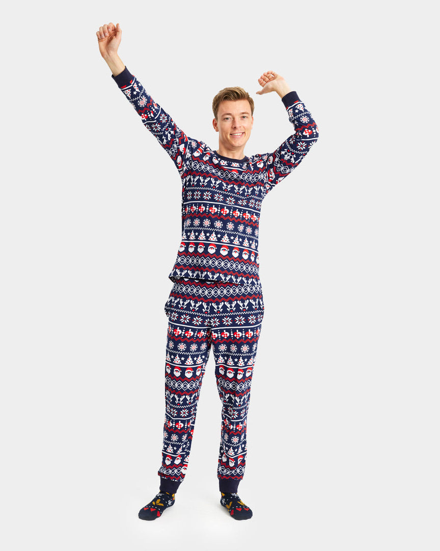Pyjama de Noël Familial Bleu avec Père Noël, Sapins et Cœurs Homme