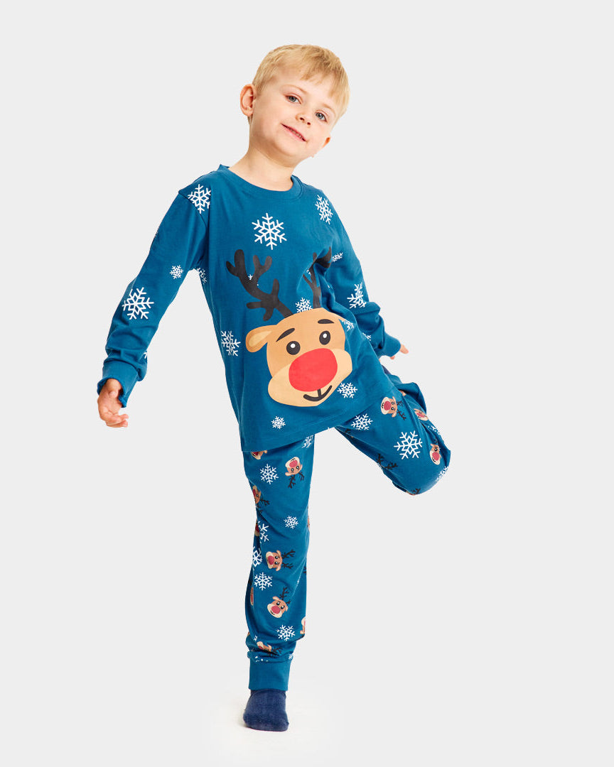 Pyjama de Noël Familial Bleu avec Rudolph le Renne Enfants
