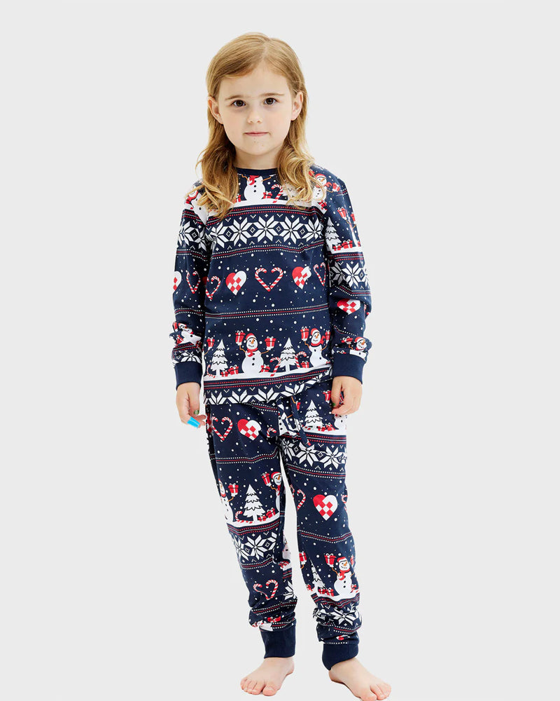 Pyjama de Noël familial Enfants Bleu avec Bonhommes de Neige et Cœurs