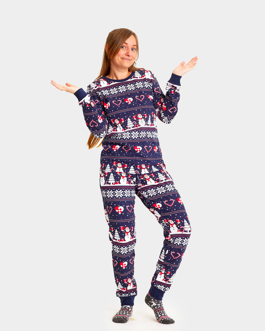 Pyjama de Noël pour femme Bleu avec Bonhommes de Neige et Cœurs