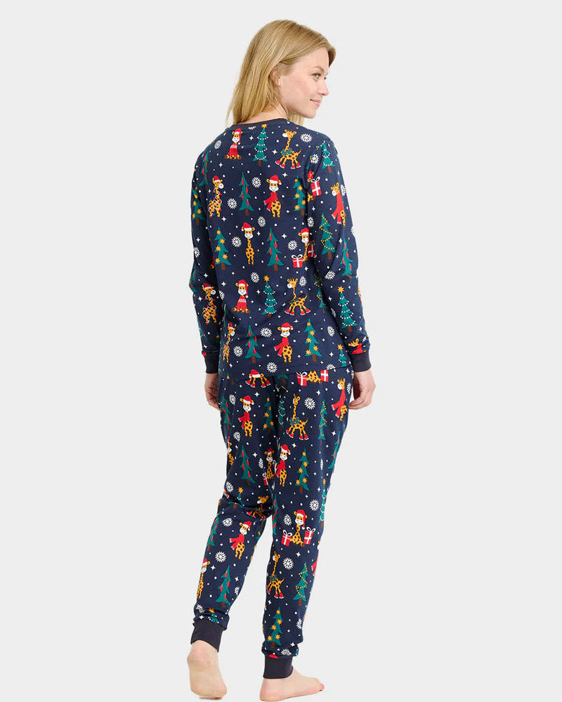 Pyjama de Noël pour Femme Bleu avec Girafes