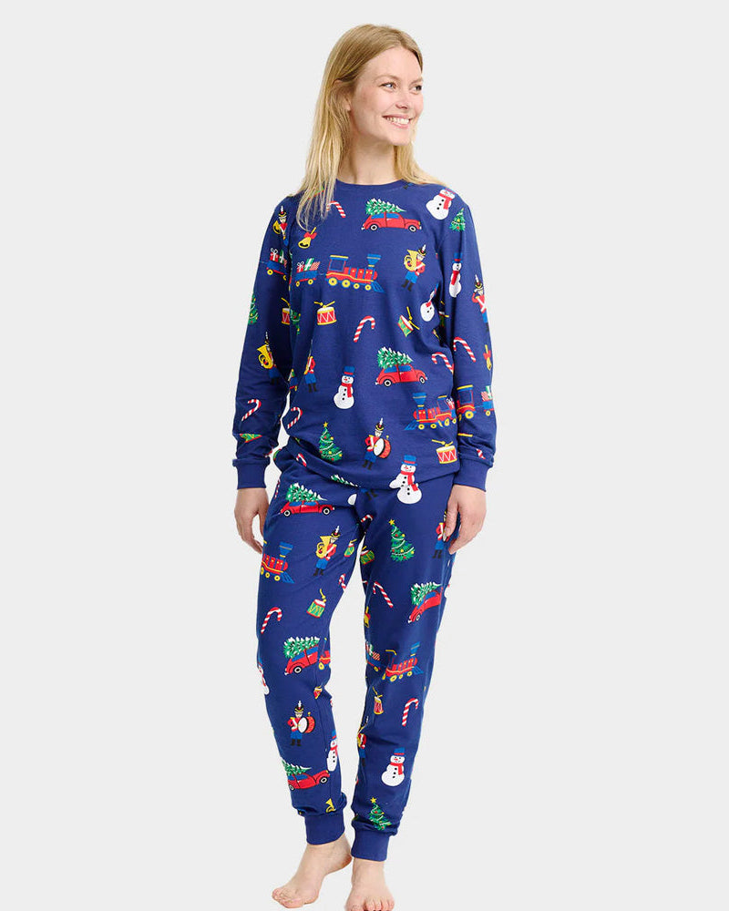Pyjama de Noël pour Femme Bleu avec Jouets de Noël