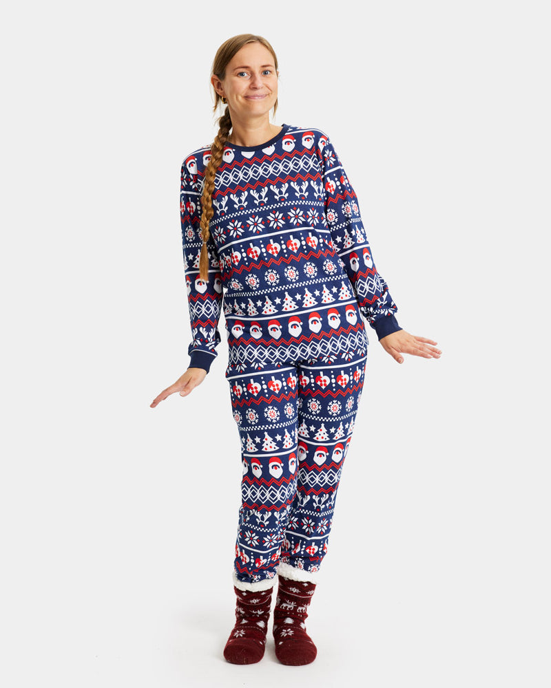 Pyjama de Noël pour Femme Bleu avec Père Noël, Sapins et Cœurs