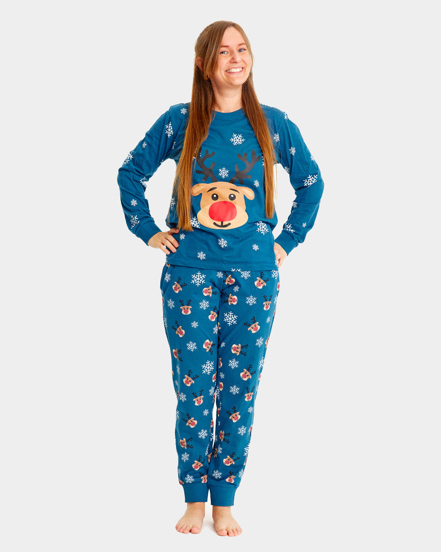 Pyjama de Noël pour femme Bleu avec Rudolph le Renne