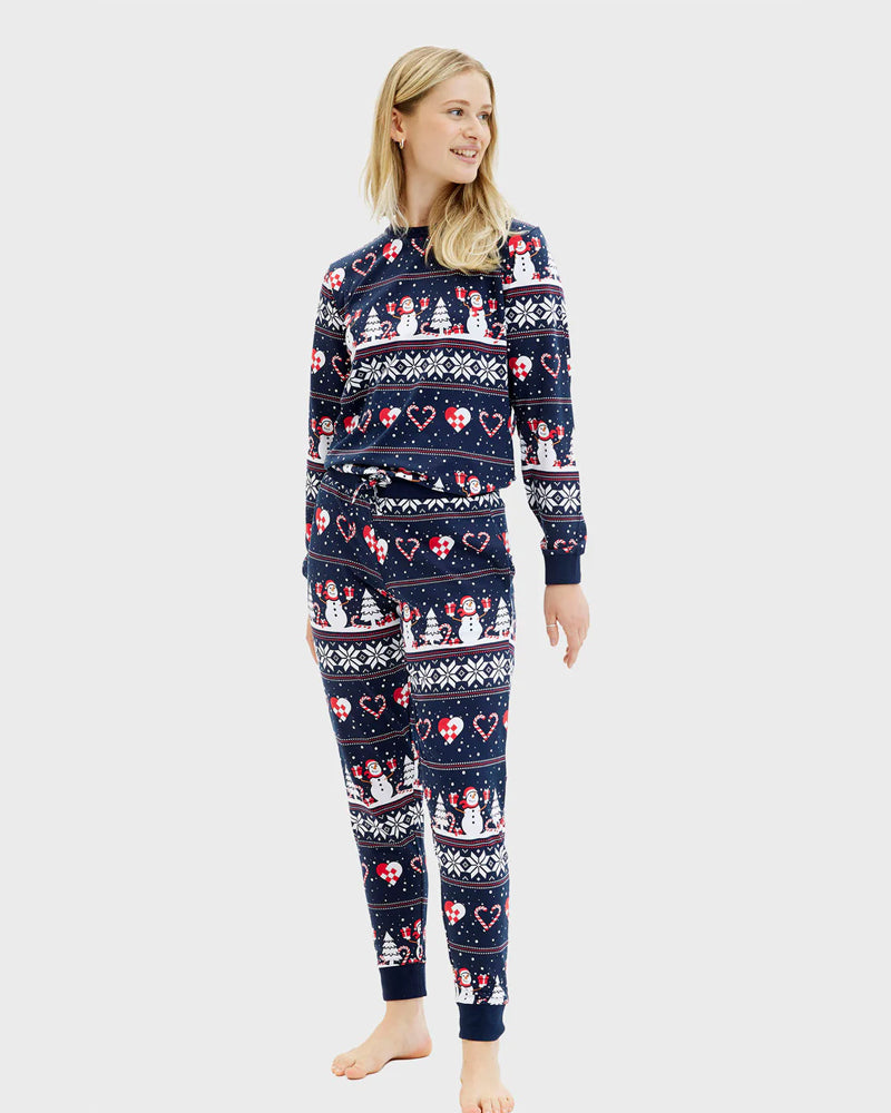Pyjama de Noël Femme Bleu Bonhommes de Neige et Cœurs
