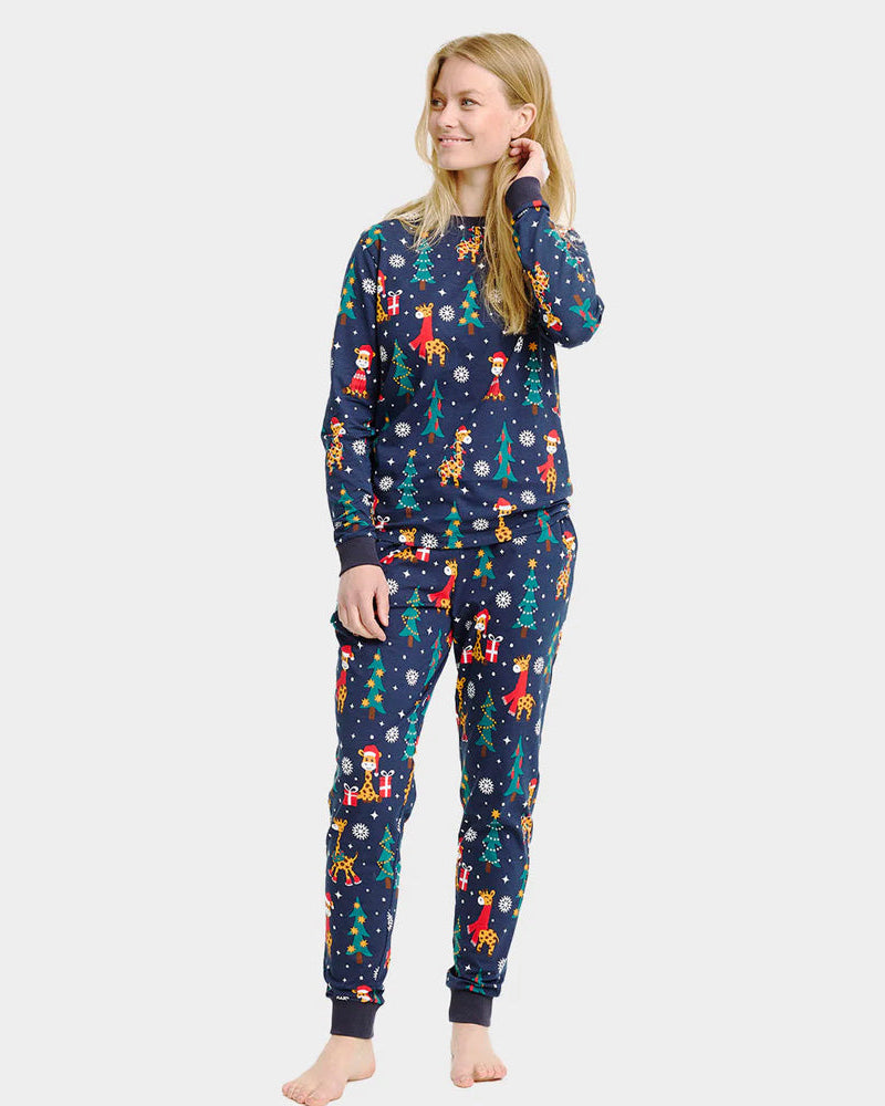 Pyjama de Noël pour Femme Bleu avec Girafes