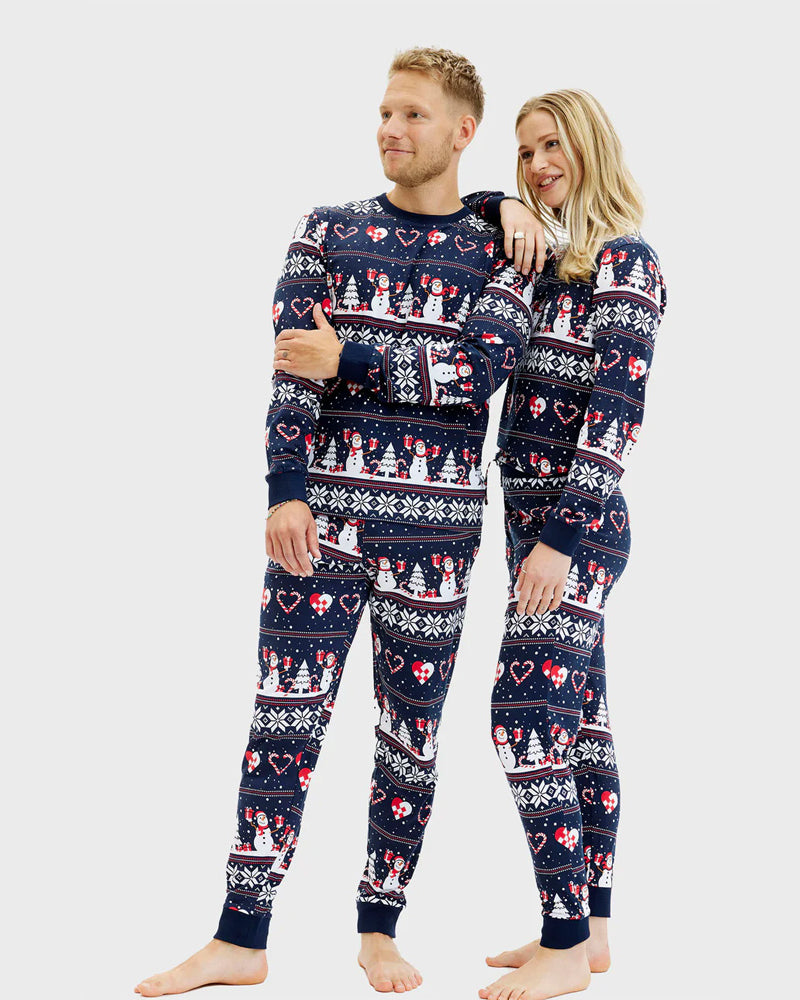Pyjama de Noël pour Femmeet Homme Bleu avec Bonhommes de Neige et Cœurs