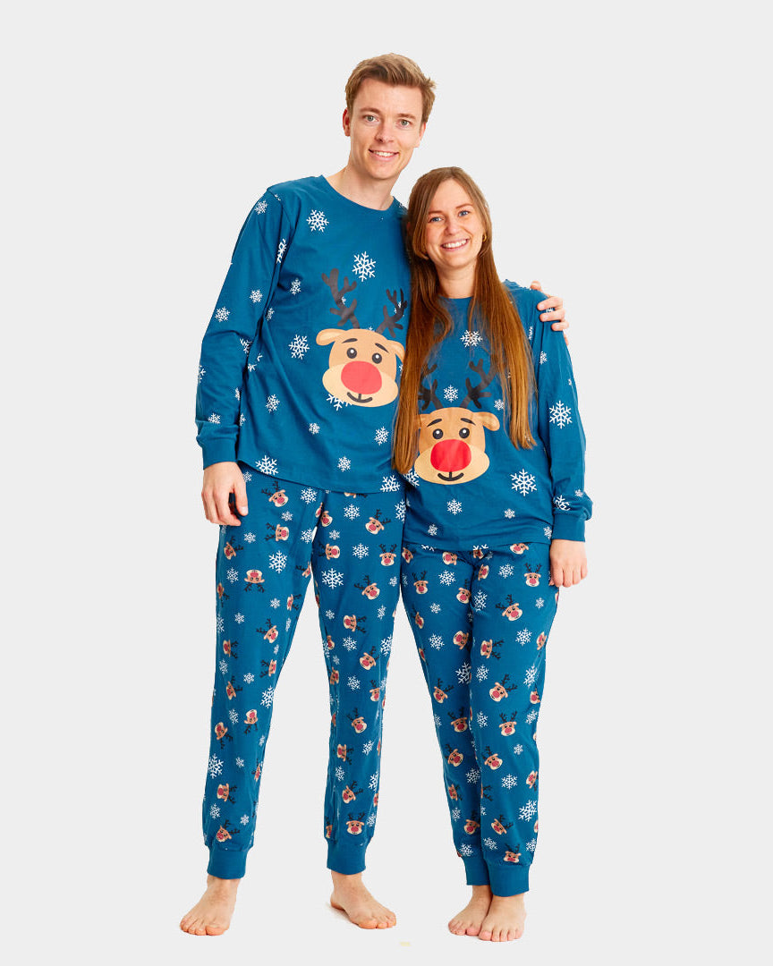 Pyjama de Noël pour Adultes Unisexe Bleu avec Rudolph le Renne