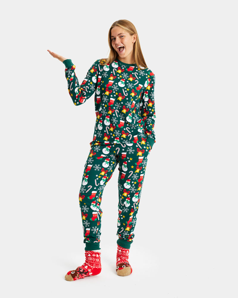 Pyjama de Noël pour Femme Vert avec Motifs de Noël