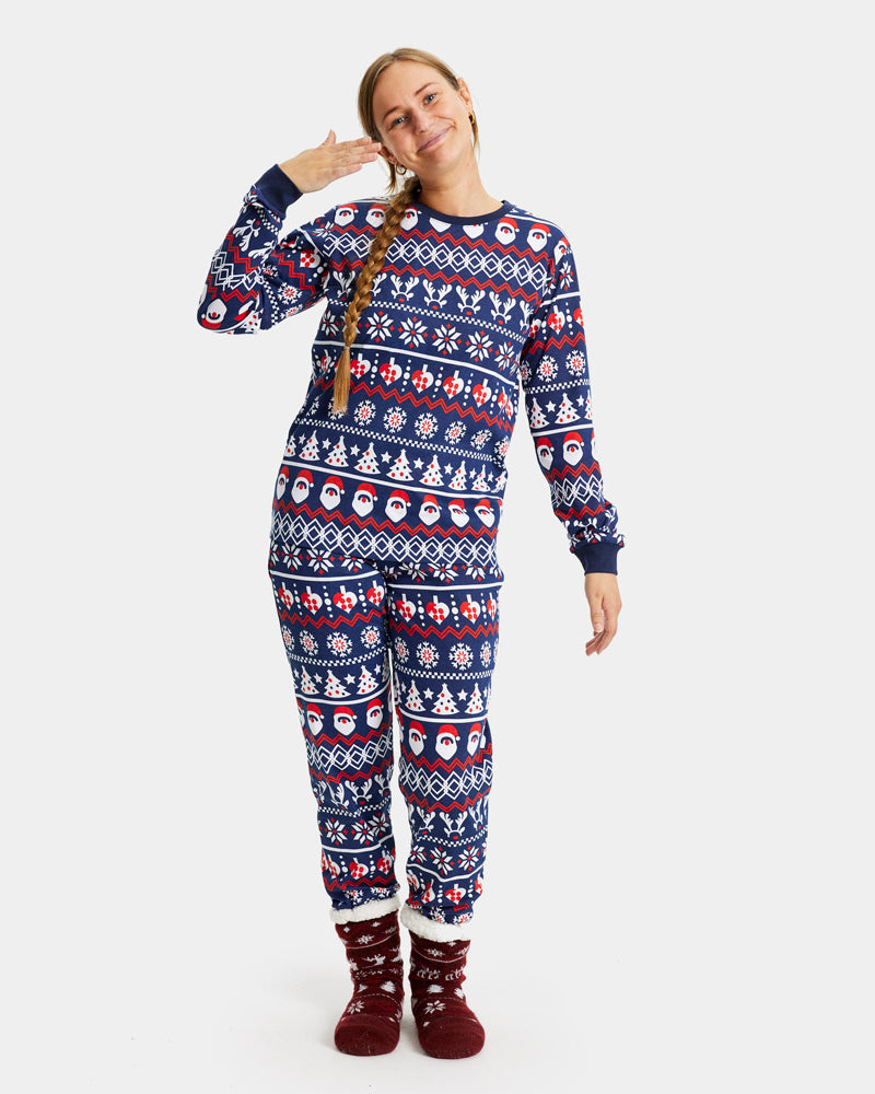 Pyjama de Noël pour Femme Bleu avec Père Noël, Sapins et Cœurs