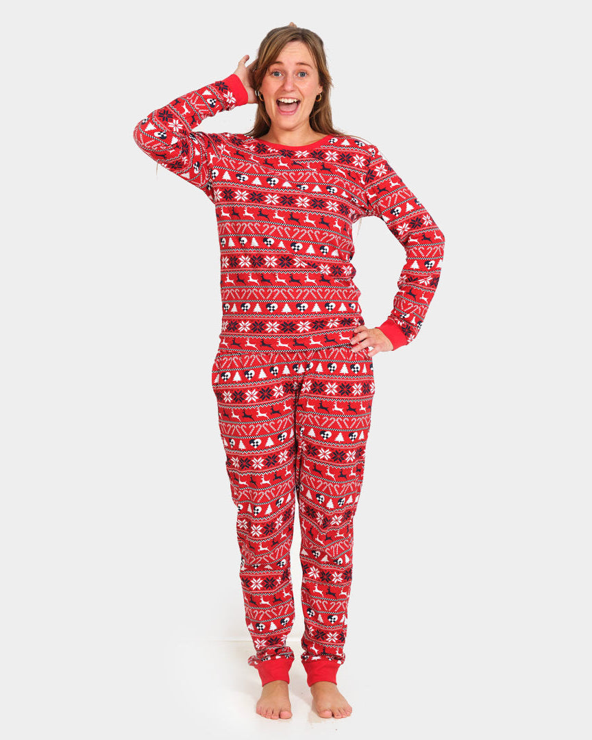 Pyjama de Noël pour femme Rouge avec Rennes et Sapins