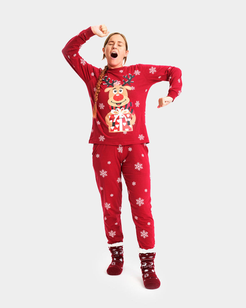 Pyjama de Noël pour Adultes Unisexe Rouge avec Rudolph le Renne femme