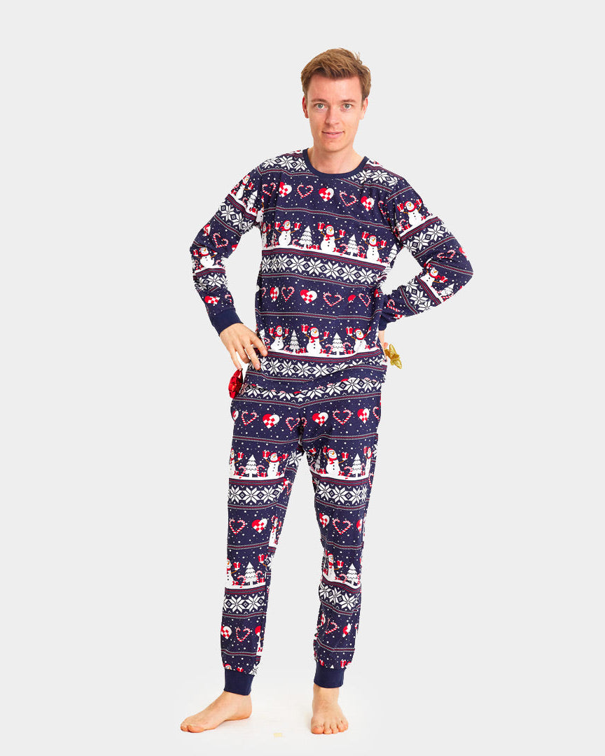 Pyjama de Noël pour homme Bleu avec Bonhommes de Neige et Cœurs