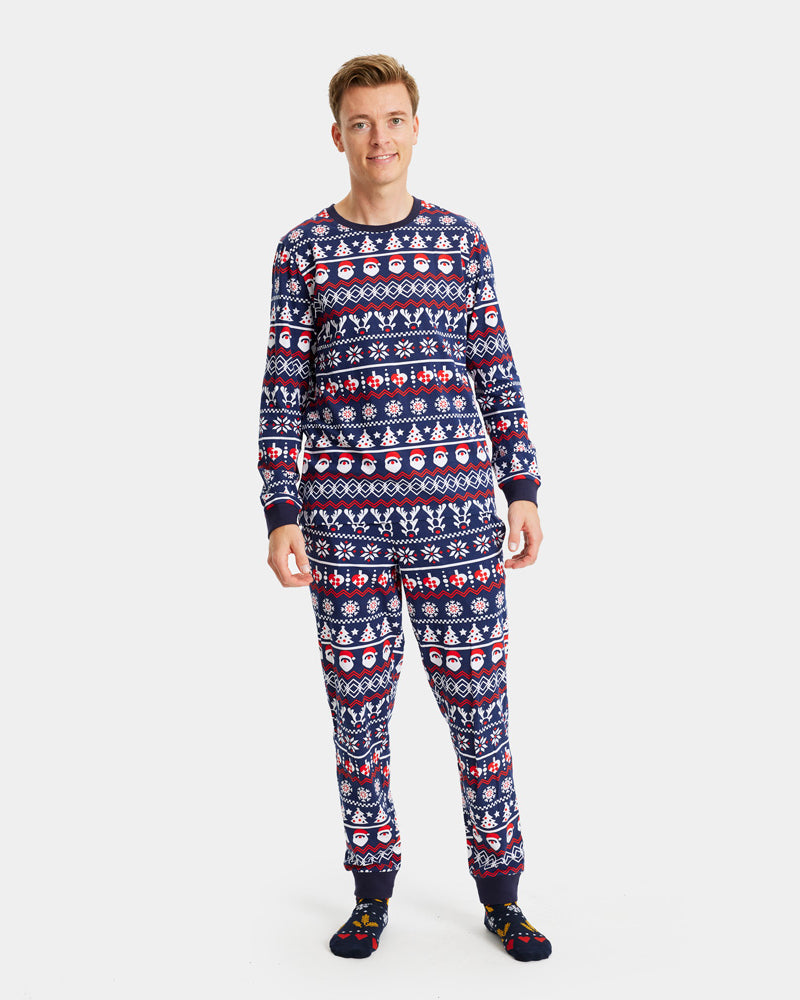 Pyjama de Noël Homme Bleu avec Père Noël, Sapins et Cœurs