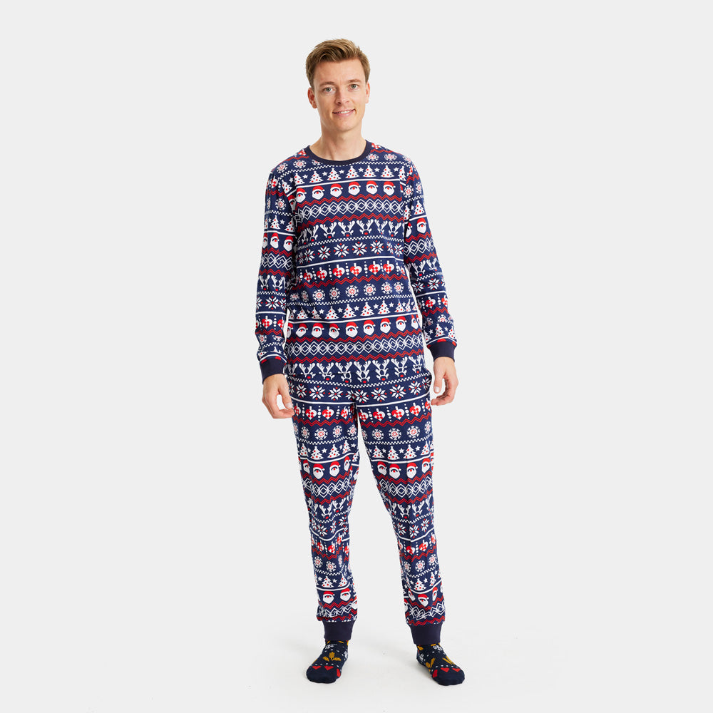 Pyjama de Noël Homme Bleu avec Père Noël, Sapins et Cœurs