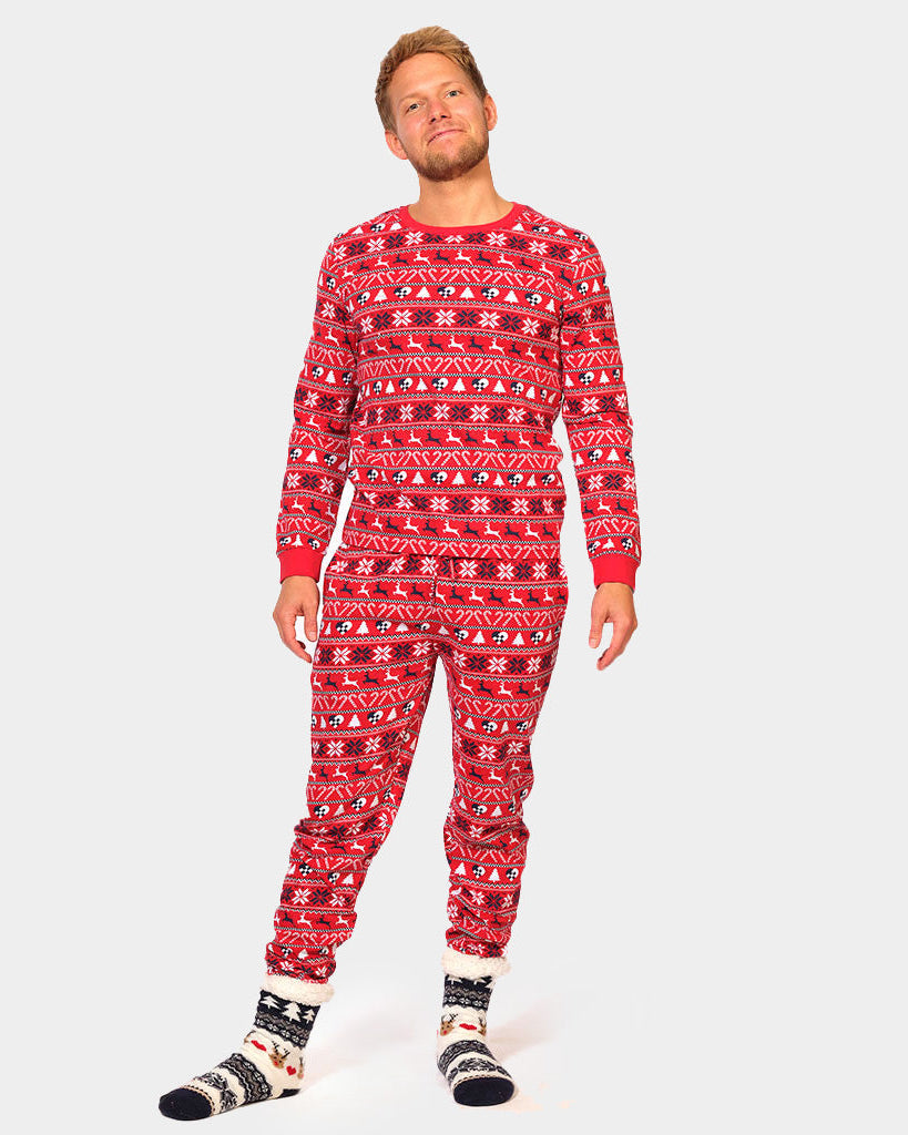 Pyjama de Noël pour homme Rouge avec Rennes et Sapins