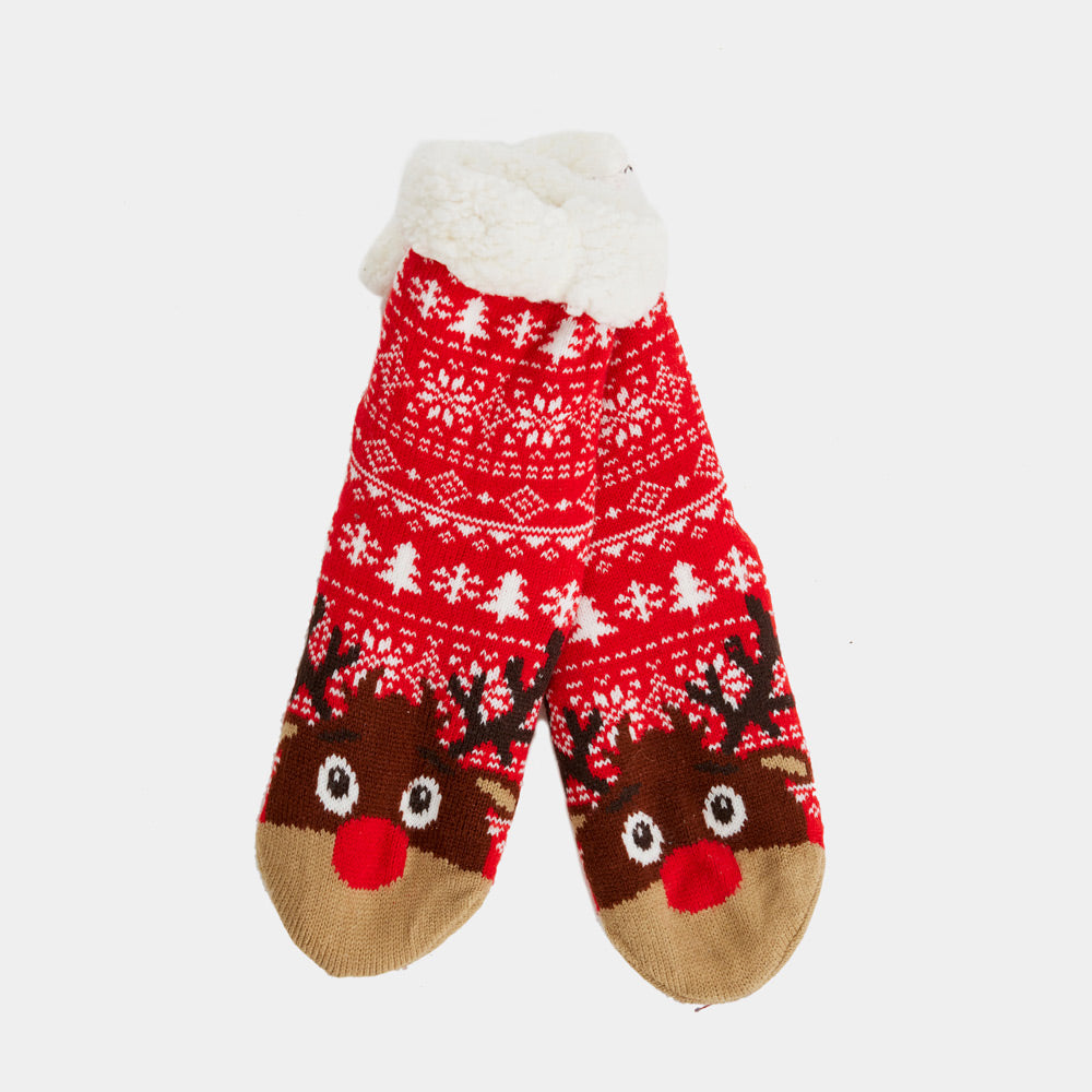 Chaussons Chaussettes de Noël rouges avec Sapins et Rennes