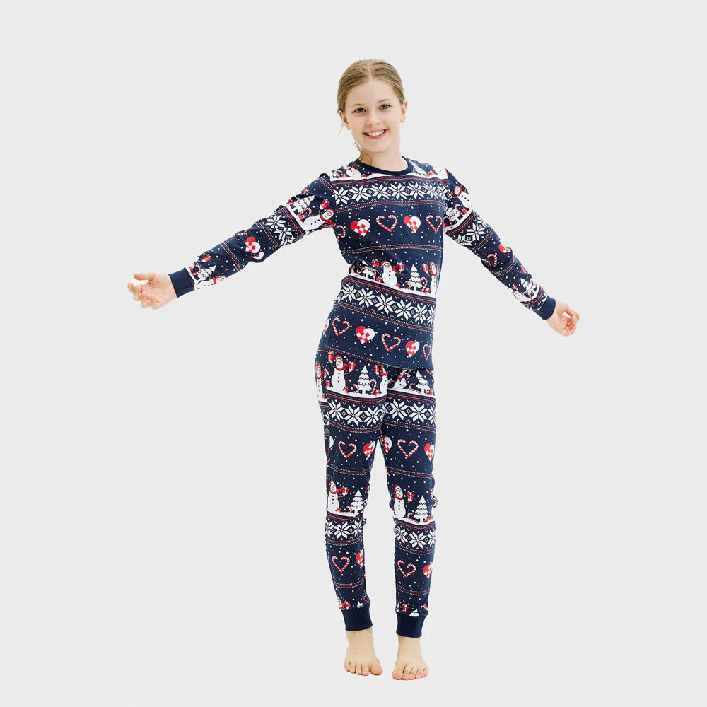 Pyjama de Noël Familial Bleu avec Bonhommes de Neige et Cœurs Enfants