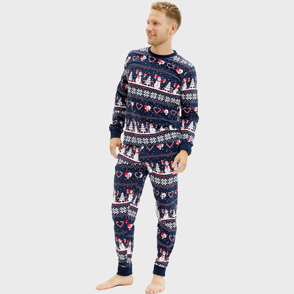 Pyjama de Noël Familial Bleu avec Bonhommes de Neige et Cœurs Homme