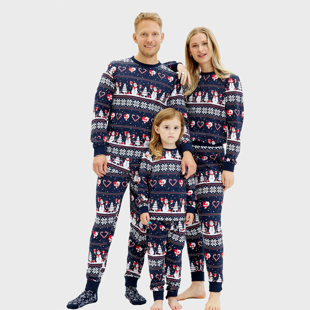 Pyjama de Noël Familial Bleu avec Bonhommes de Neige et Cœurs