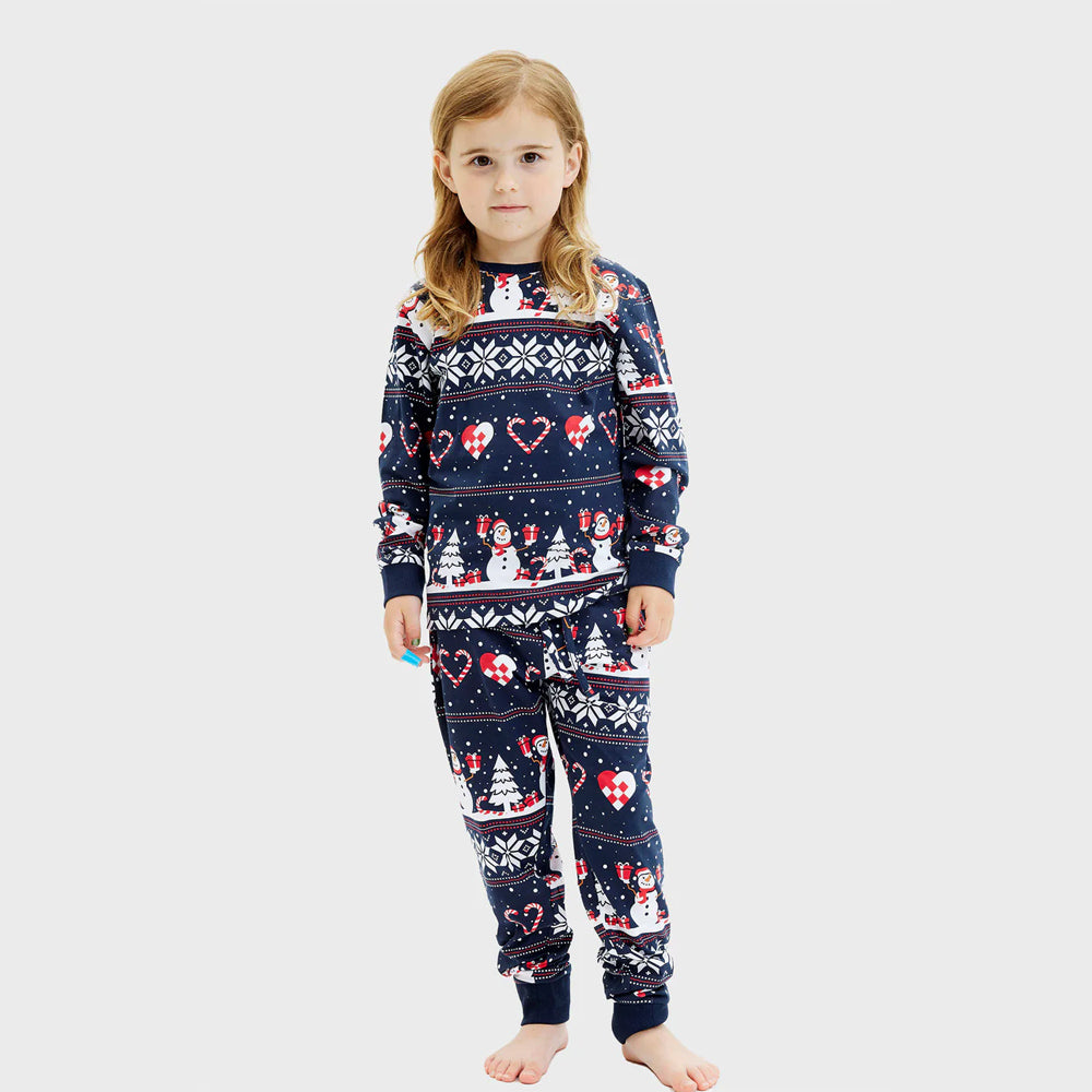 Pyjama de Noël familial Enfants Bleu avec Bonhommes de Neige et Cœurs
