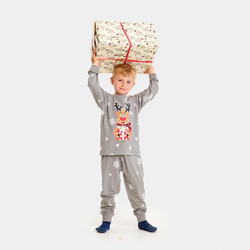 Pyjama de Noël Familial Enfants Gris avec Rudolph le Renne
