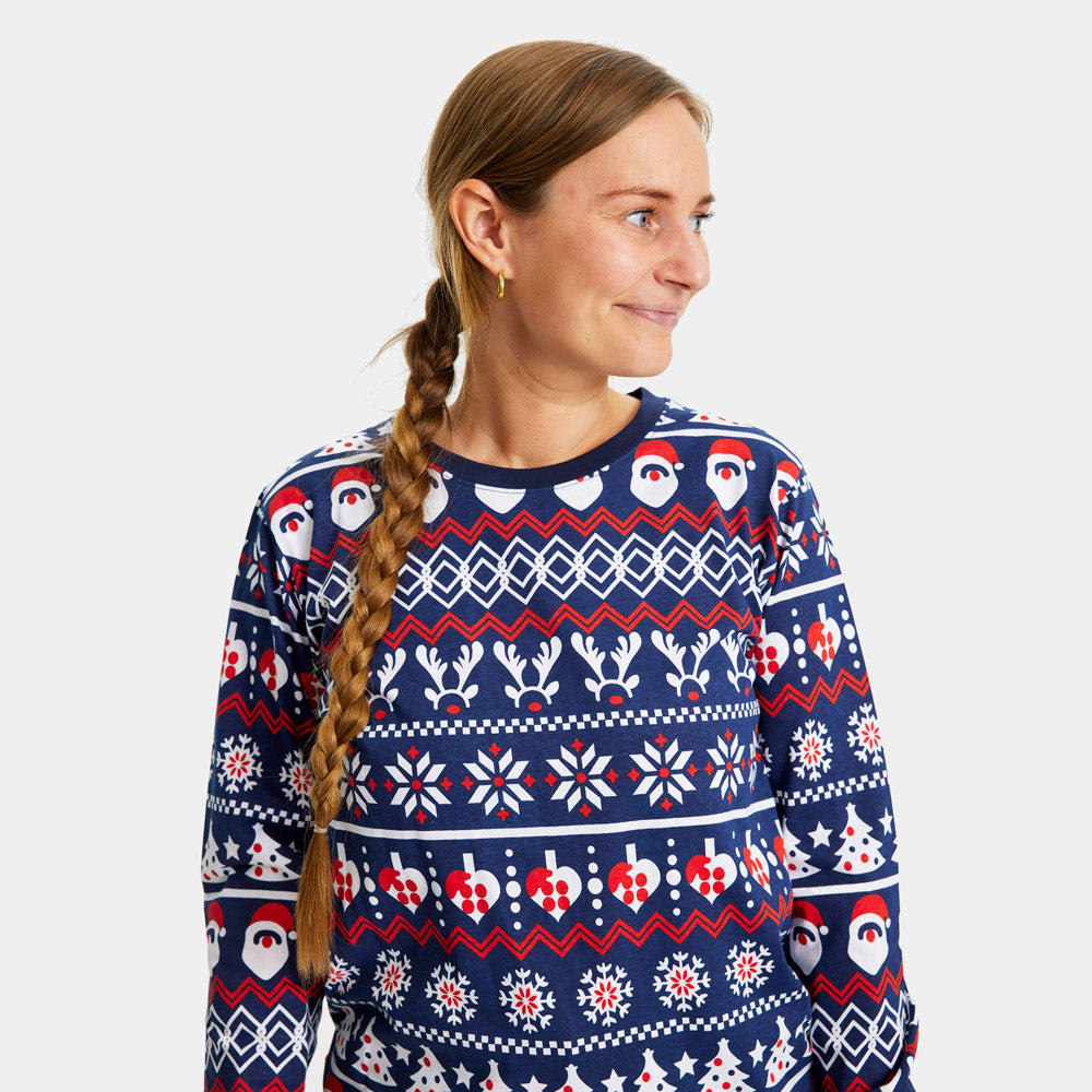 Pyjama de Noël pour Famille et Femme Bleu avec Père Noël, Sapins et Cœurs
