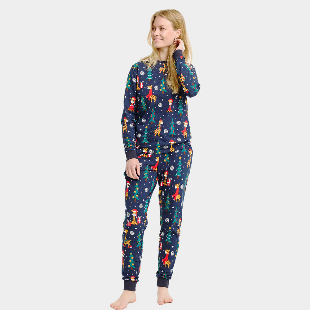 Pyjama de Noël pour Femme Bleu avec Girafes
