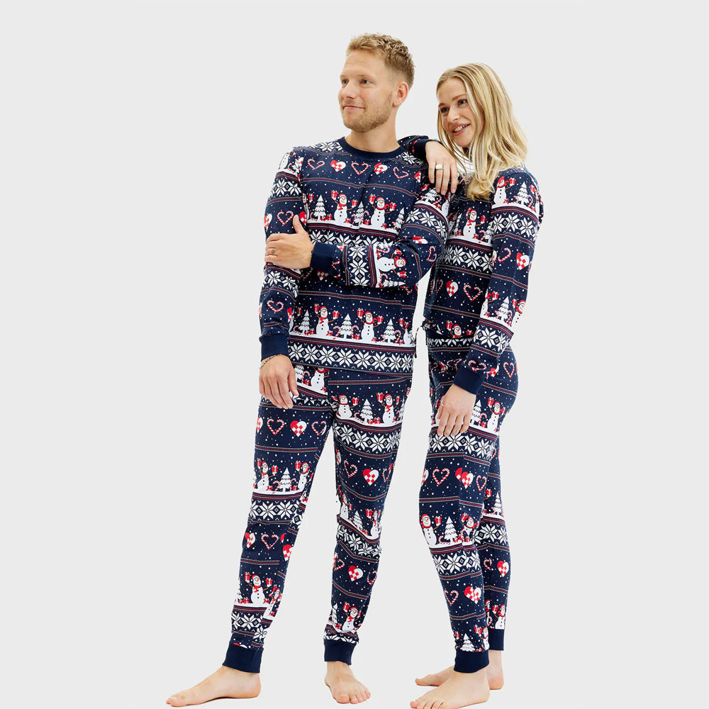 Pyjama de Noël pour Femmeet Homme  Bleu avec Bonhommes de Neige et Cœurs
