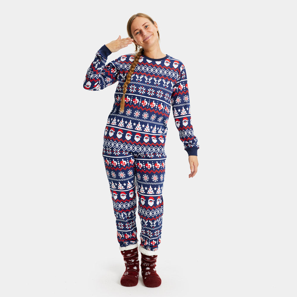 Pyjama de Noël pour Femme Bleu avec Père Noël, Sapins et Cœurs
