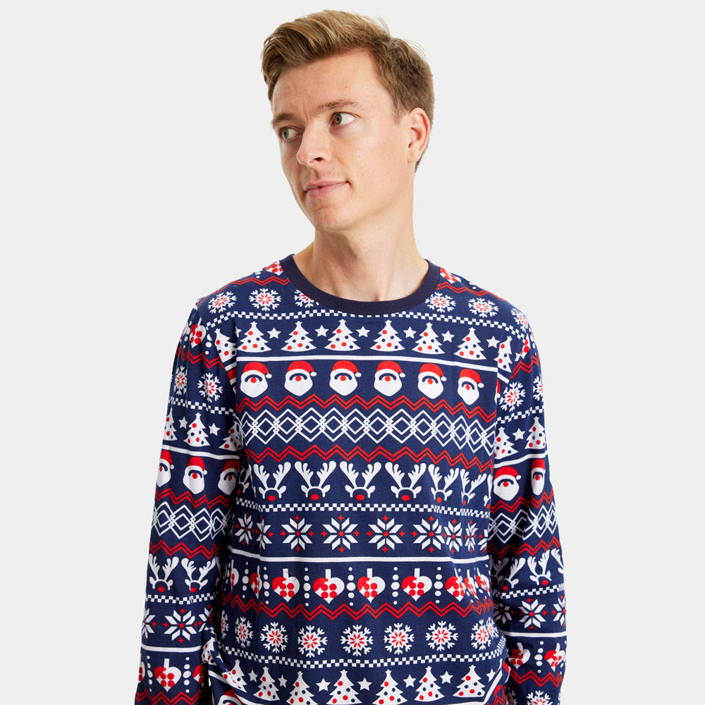 Pyjama de Noël Homme Bleu Père Noël, Sapins et Cœurs
