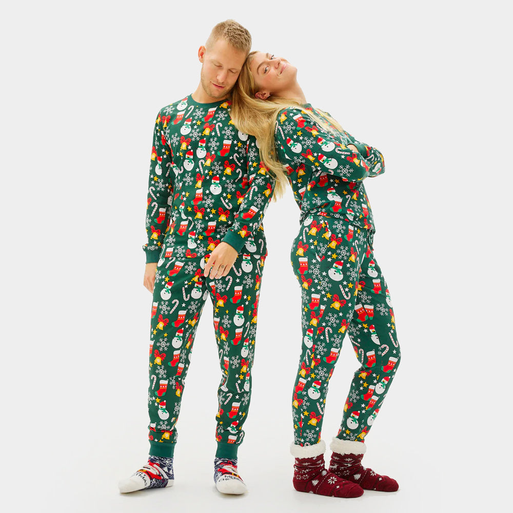 Pyjama de Noël Homme Femme Emfant Vert avec Motifs de Noël
