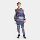 Pyjama de Noël Homme Bleu avec Père Noël, Sapins et Cœurs
